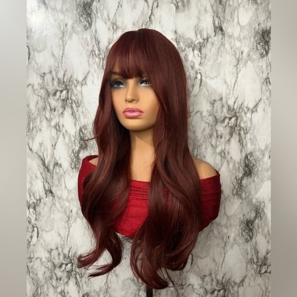 28 Inch Burgundy Long Wavy Wig with Bangs - Picture 1 of 6